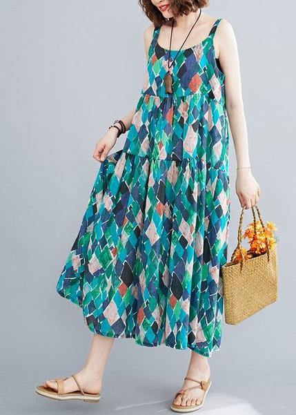 DIY green print cotton linen dress Spaghetti Strap patchwork A Line summer Dress - SooLinen