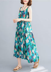 DIY green print cotton linen dress Spaghetti Strap patchwork A Line summer Dress - SooLinen
