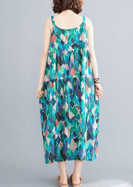 DIY green print cotton linen dress Spaghetti Strap patchwork A Line summer Dress - SooLinen