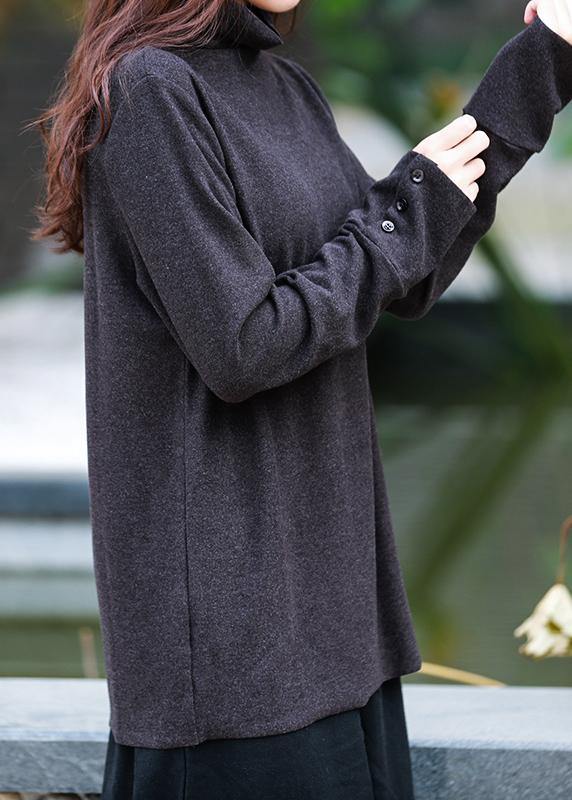 DIY high neck long sleeve tops women blouses design black tops - SooLinen