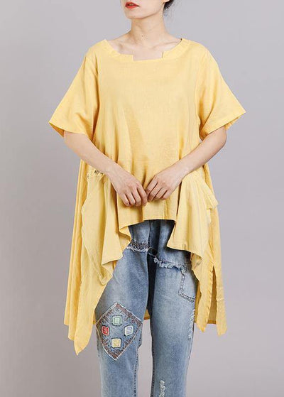 DIY linen tunic top Women Solid Pockets Short Sleeve Irregular Blouse - SooLinen