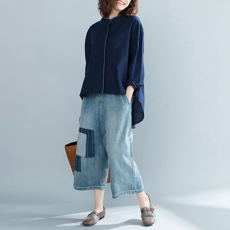 DIY marineblaue Baumwollkleidung für Damenboutique Stoffe Stehkragen übergroße Oberteile