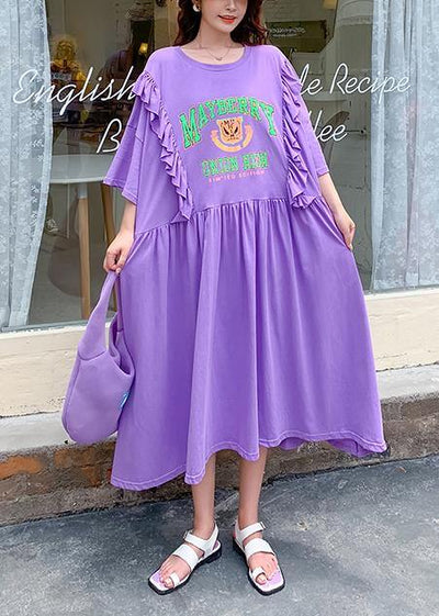 DIY o neck Ruffles clothes Outfits purple Cartoon print long Dress - SooLinen