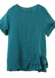 DIY o neck asymmetric linen cotton summer blue loose shirt - SooLinen