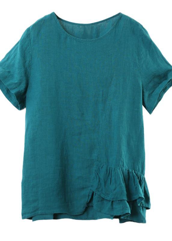 DIY o neck asymmetric linen cotton summer blue loose shirt - SooLinen