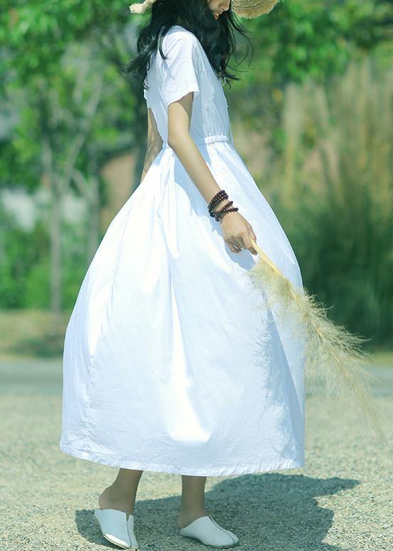 DIY o neck drawstring cotton tunic pattern Sleeve white A Line Dresses summer - SooLinen