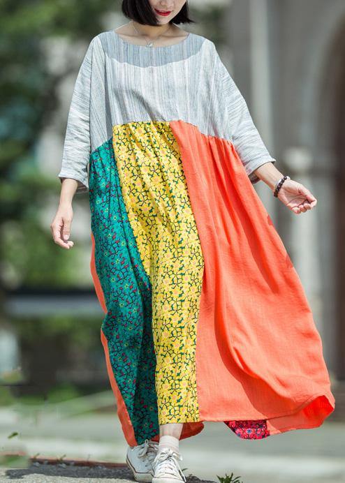 DIY o neck patchwork linen outfit Runway multicolor Dress summer - SooLinen