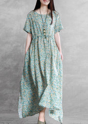 DIY o neck side open summer clothes For Women Outfits green print Dresses - SooLinen