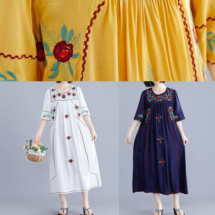 DIY o neck Cinched linen cotton clothes For Women Work white embroidery Dresses summer - SooLinen