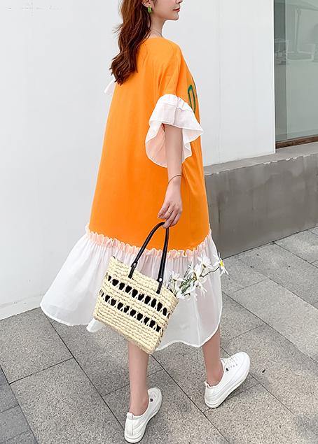 DIY patchwork cotton summerclothes For Women Tunic Tops yellow alphabet prints long Dress - SooLinen