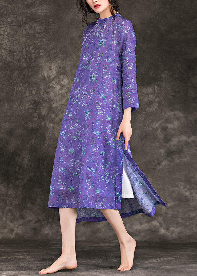 DIY purple print linen Long Shirts Fashion Neckline stand collar side open loose Summer Dresses