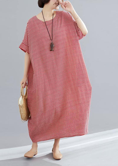 DIY red striped cotton tunics for women Plus Size Tutorials o neck A Line Summer Dresses - SooLinen