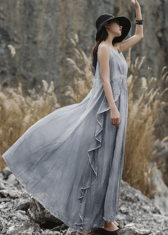 DIY ruffles side linen Long Shirts Sewing gray sleeveless Dresses summer - SooLinen
