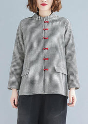 DIY stand collar pockets linen Blouse gray plaid top - SooLinen
