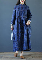 DIY stand collar Cinched fall dresses Outfits blue print long Dresses - SooLinen