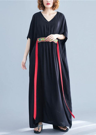 DIY tie waist cotton tunic dressNeckline black v neck Maxi Dresses summer - SooLinen