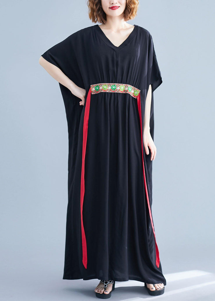 DIY tie waist cotton tunic dressNeckline black v neck Maxi Dresses summer - SooLinen