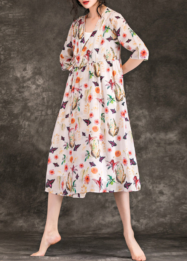 DIY V-Ausschnitt Krawatte Taille Leinenkleidung 2019 Hemden beige Druck Plus Size Kleider Sommer
