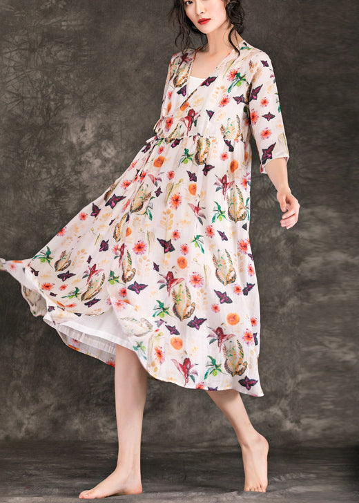 DIY V-Ausschnitt Krawatte Taille Leinenkleidung 2019 Hemden beige Druck Plus Size Kleider Sommer