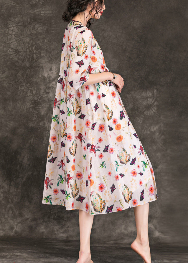 DIY V-Ausschnitt Krawatte Taille Leinenkleidung 2019 Hemden beige Druck Plus Size Kleider Sommer