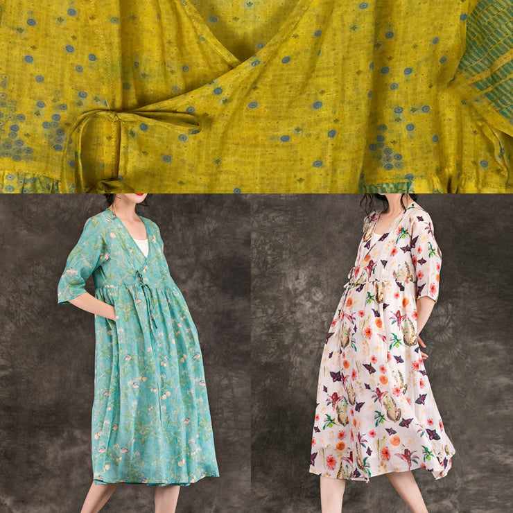 DIY V-Ausschnitt Krawatte Taille Leinenkleidung 2019 Hemden beige Druck Plus Size Kleider Sommer