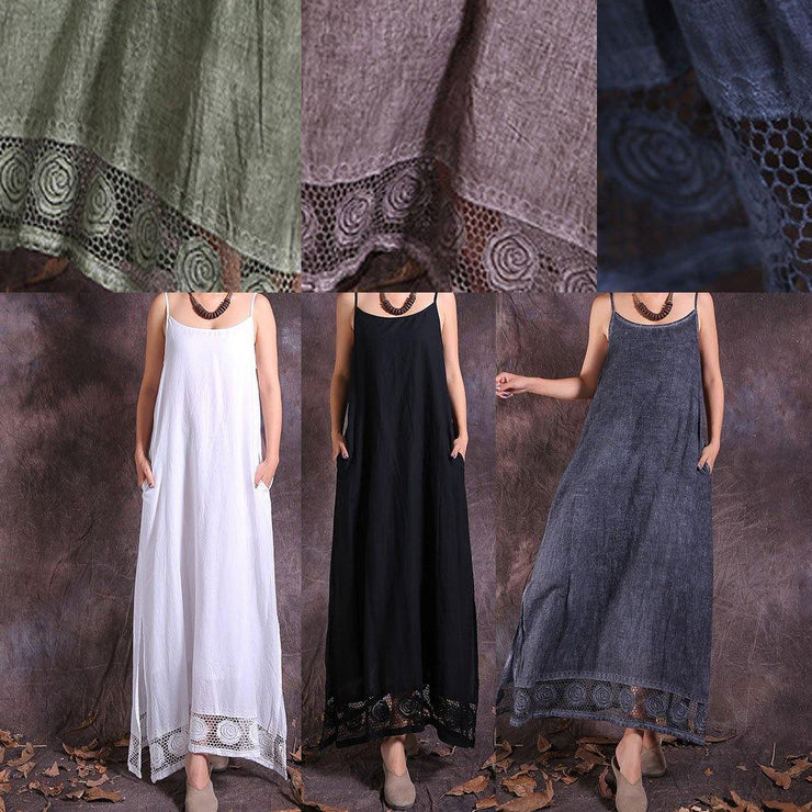 DIY white side open linen clothes hollow out hem Maxi summer Dresses - SooLinen