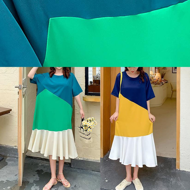 DIY yellow patchwork cotton clothes Women o neck Ruffles Plus Size Dresses - SooLinen