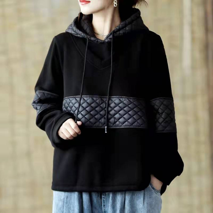 DIY schwarze Kleidung für Frauen Patchwork-Midi-Frühlingsbluse mit Kapuze