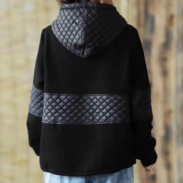 DIY schwarze Kleidung für Frauen Patchwork-Midi-Frühlingsbluse mit Kapuze