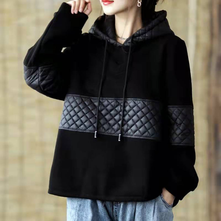 DIY schwarze Kleidung für Frauen Patchwork-Midi-Frühlingsbluse mit Kapuze