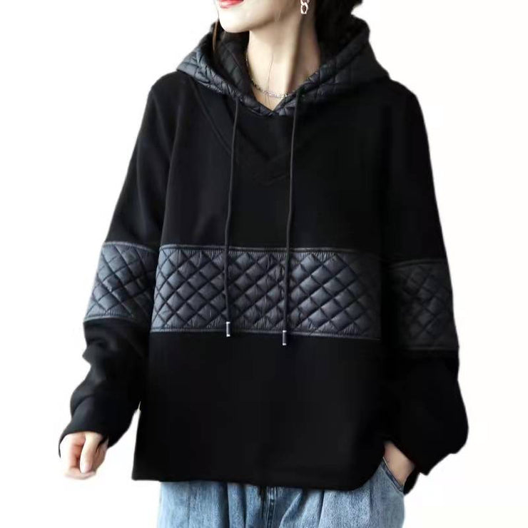DIY schwarze Kleidung für Frauen Patchwork-Midi-Frühlingsbluse mit Kapuze