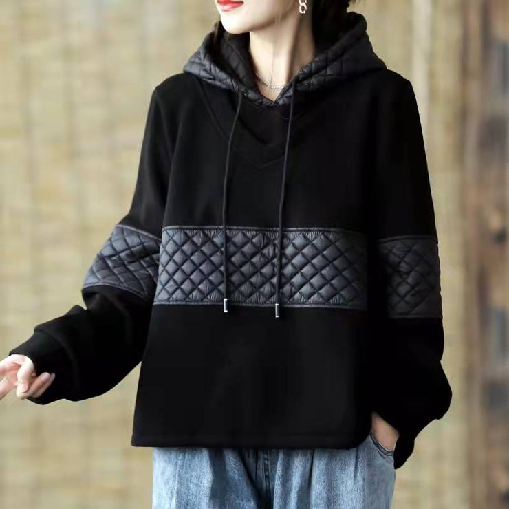 DIY schwarze Kleidung für Frauen Patchwork-Midi-Frühlingsbluse mit Kapuze