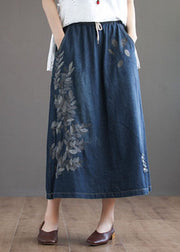 Dark Blue Pockets Cotton Denim Skirt Elastic Waist Ripped Summer