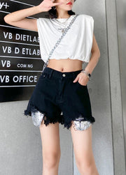 Denim black shorts women's thin section large size hole high waist pants - SooLinen