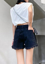 Denim black shorts women's thin section large size hole high waist pants - SooLinen