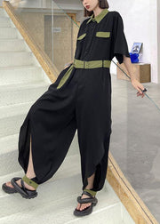 Diy Black Patchwork Button  Outfits Rompers Summer - SooLinen