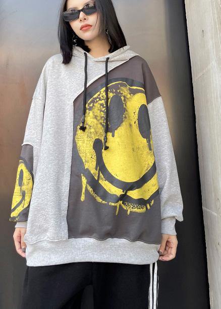 Diy Hooded Patchwork Spring Clothes For Women Shirts Gray Print Tops - SooLinen