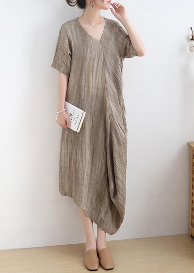 Diy Khaki asymmetrical design V Neck Long Summer Linen Dress - SooLinen