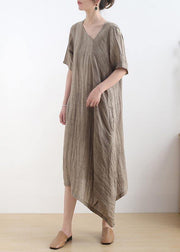 Diy Khaki asymmetrical design V Neck Long Summer Linen Dress - SooLinen
