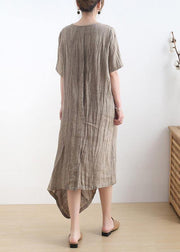 Diy Khaki asymmetrical design V Neck Long Summer Linen Dress - SooLinen