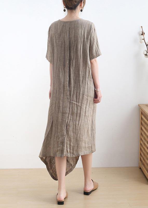 Diy Khaki asymmetrical design V Neck Long Summer Linen Dress - SooLinen
