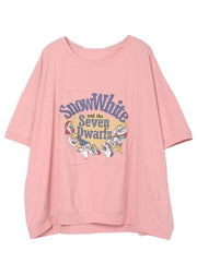 Diy Pink Print O-Neck Cotton Summer Tees - SooLinen