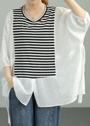 Diy White Patchwork Striped tie waist Cotton Summer Top - SooLinen