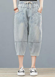 Drawstring personality pocket washed jeans plus size women's elasticated waist cropped pants - SooLinen