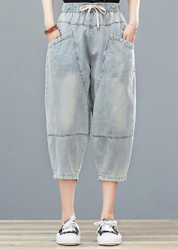 Drawstring personality pocket washed jeans plus size women&
