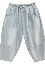 Drawstring personality pocket washed jeans plus size women's elasticated waist cropped pants - SooLinen