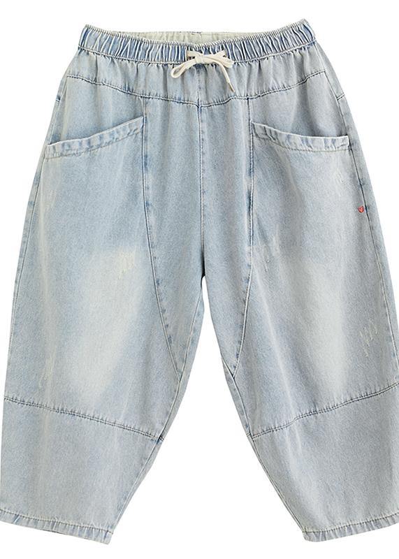 Drawstring personality pocket washed jeans plus size women&