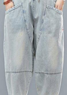 Drawstring personality pocket washed jeans plus size women&