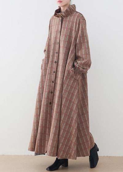 Elegant  casual medium length jackets jacket pink plaid stand collar Button Down wool overcoat - SooLinen