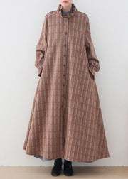 Elegant  casual medium length jackets jacket pink plaid stand collar Button Down wool overcoat - SooLinen